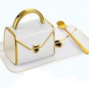 White and Gold Mini Handbag-Shaped Drinking Mug & Dish with Spoon